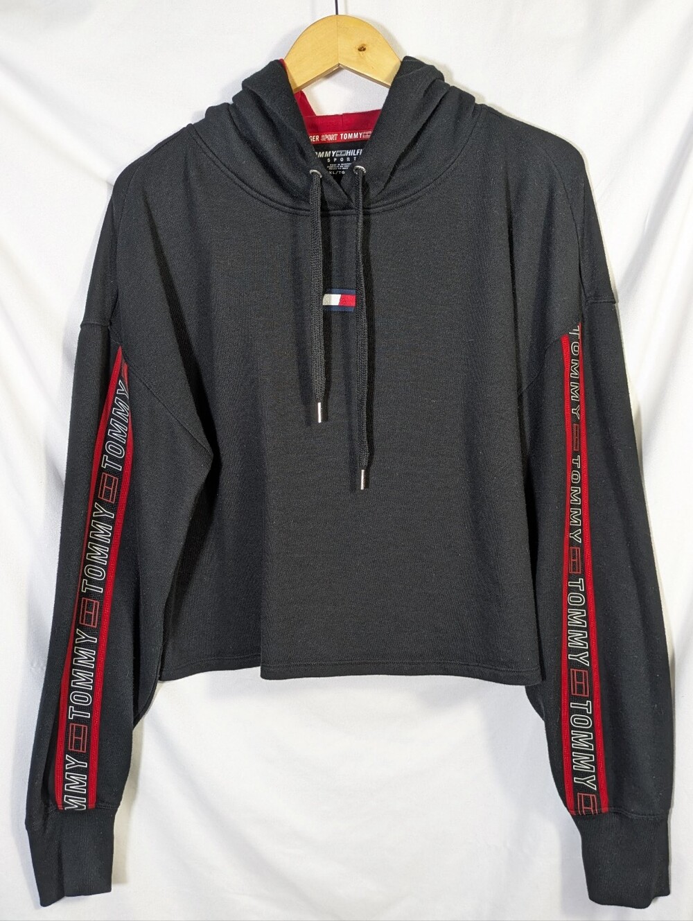 Tommy Hilfiger Sport Women's Cropped Lightweight Hoodie Black Athleisure Sz XL